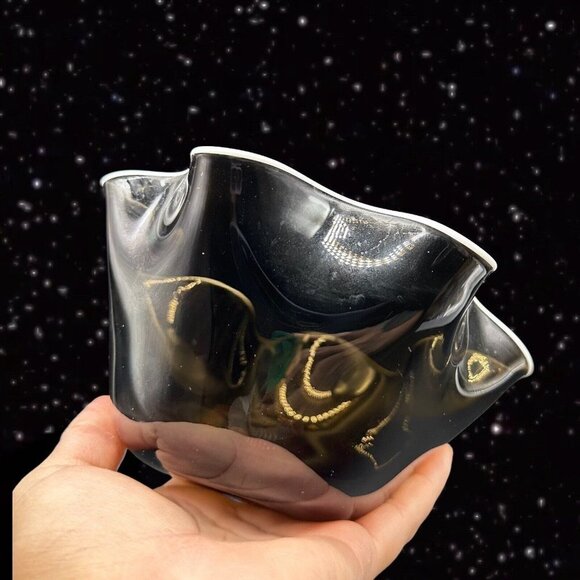 Czech Art Glass Handkerchief Bowl Smokey Olive Green White Ruffles Bohemian 3”T - Picture 2 of 12